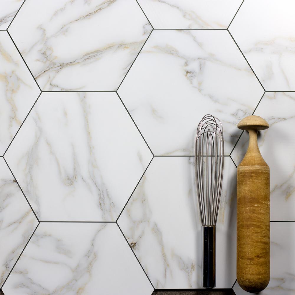 Abolos Nature 8 In X Calacatta White Gold Glass Hexagon Calacatta White Gold Glass Hexagon Decorative Wall
