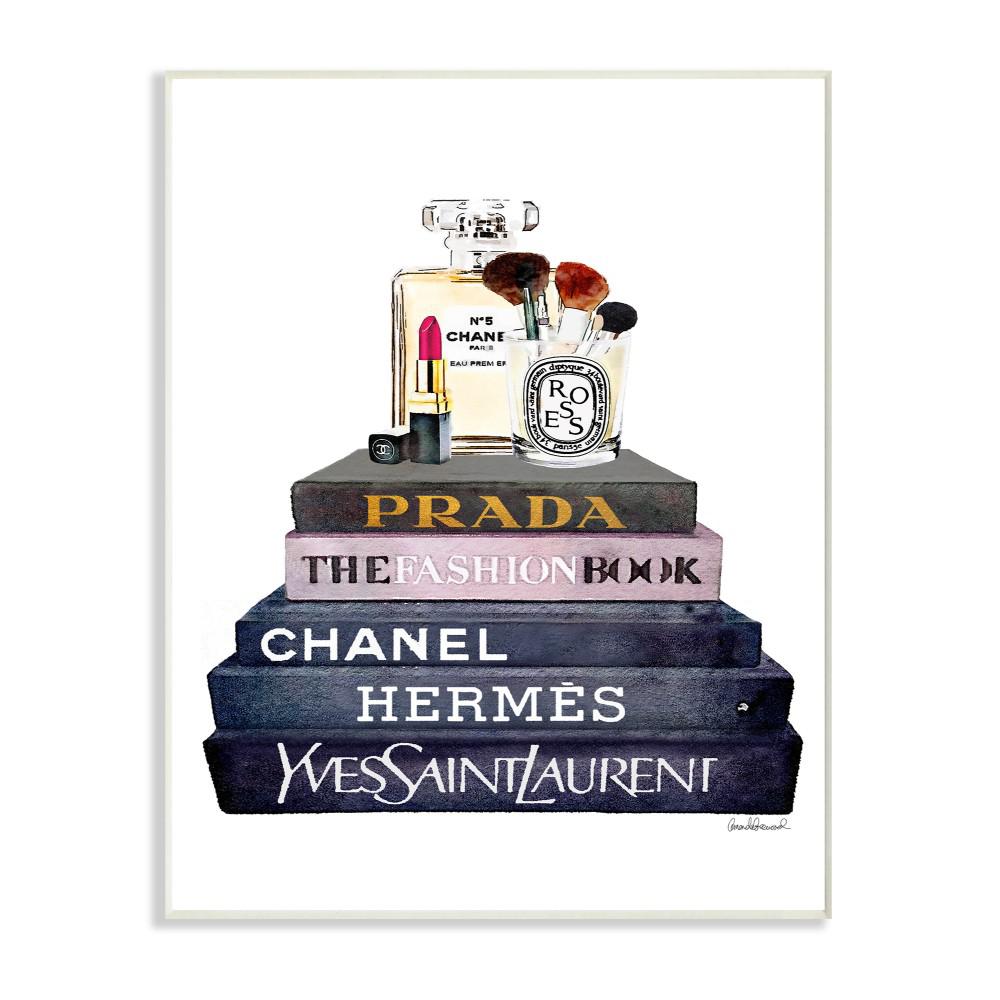 White 10 x 15 Stupell Industries Glam Fashion Heals with Bookstack and Pink Stripes Wall Art