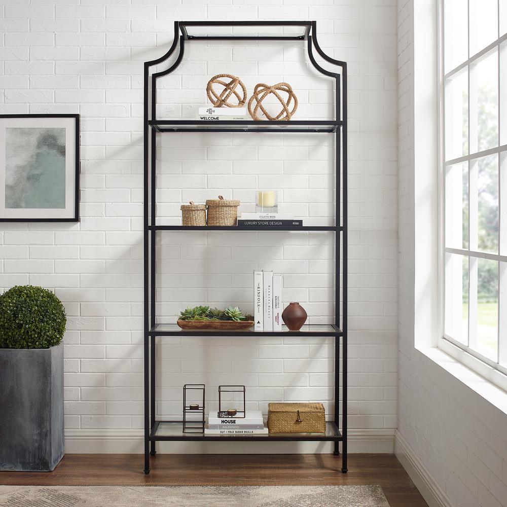 Crosley Furniture 83 38 In Oil Rubbed Bronze Clear Metal 4 Shelf Etagere Bookcase With Open Back Cf6101 Bz The Home Depot