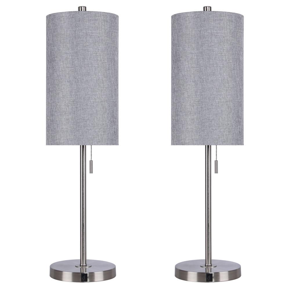 GRANDVIEW GALLERY 32 in. Brushed Nickel Table Lamps with USB Port in Base and BlueGray Linen