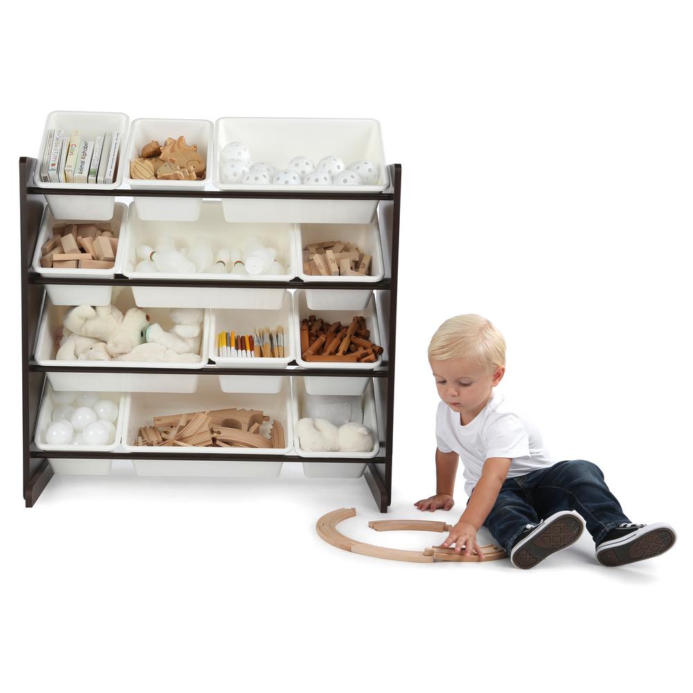 Tot Tutors Espresso Collection Espresso and White Kids Toy Storage Organizer with 12 Plastic