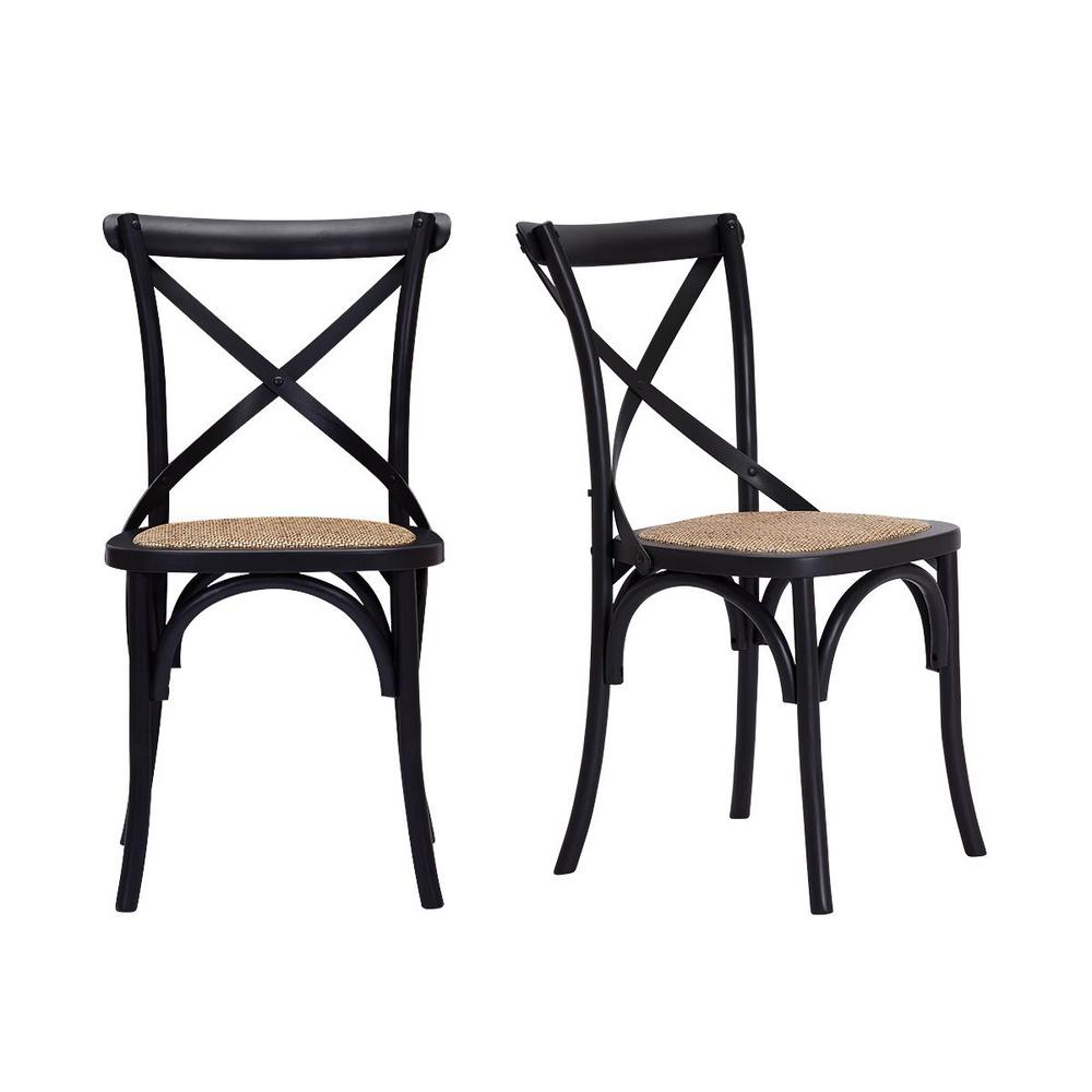 home decorators collection mavery black wood dining chair with cross back  and woven seat set of 2 19 in w x 346 in hpjc118pjf022  the home