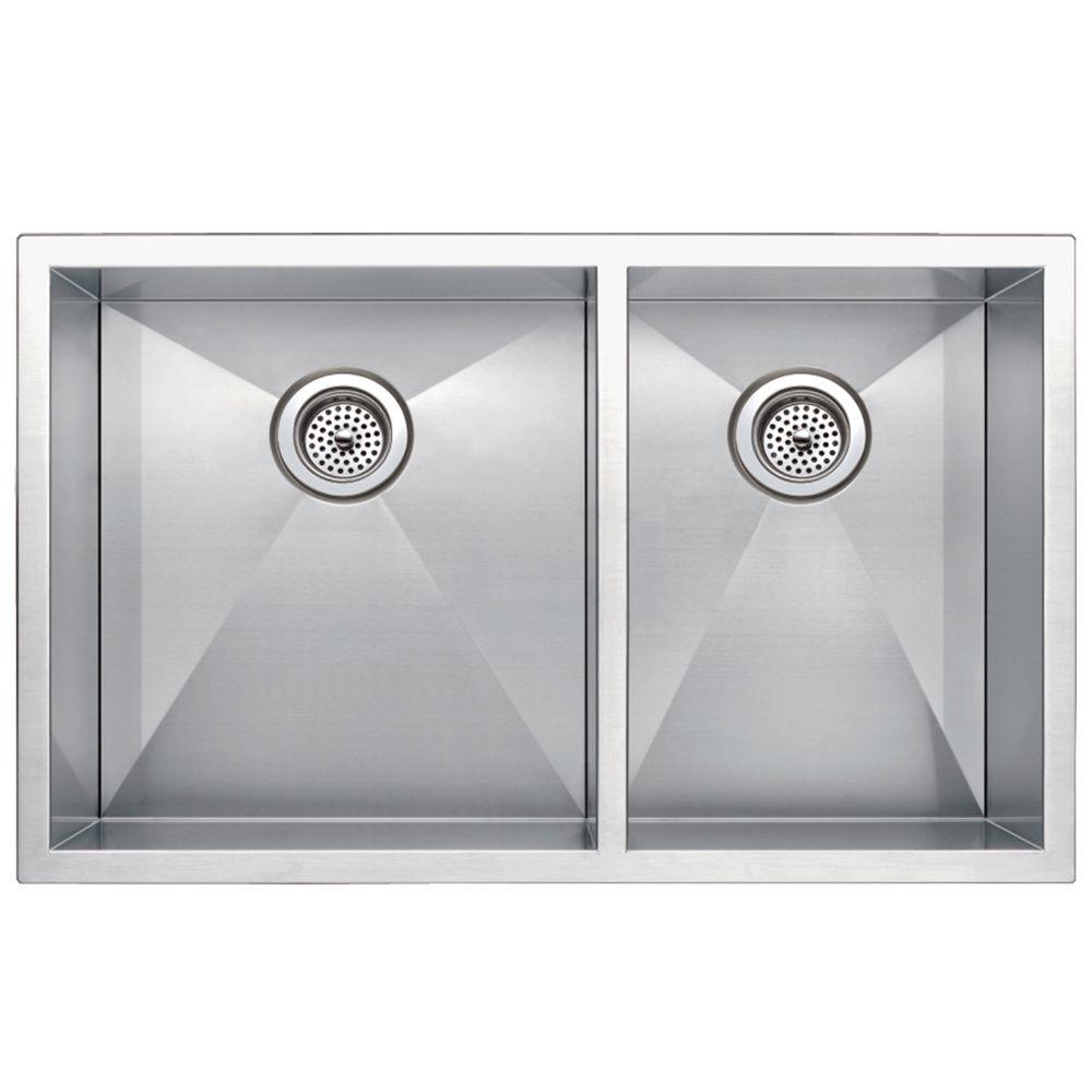 Water Creation Undermount Zero Radius Stainless Steel 33 In 0 Hole Double Bowl Kitchen Sink In Satin Finish