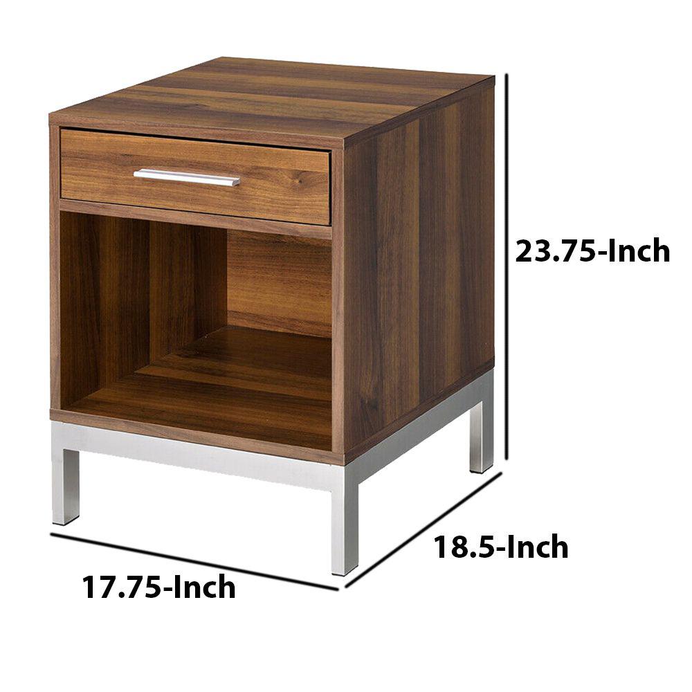 Benjara 1 Drawer Walnut Brown And Silver Wooden Nightstand With Open Bottom Shelf 17 75 In L X 18 5 In W X 23 75 In H Bm194369 The Home Depot