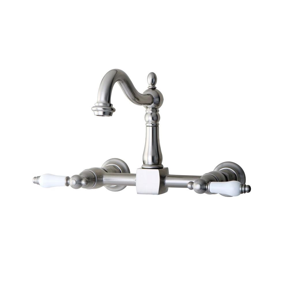 Kingston Brass Victorian Porcelain Lever 2 Handle Wall Mount Kitchen Faucet In Brushed Nickel