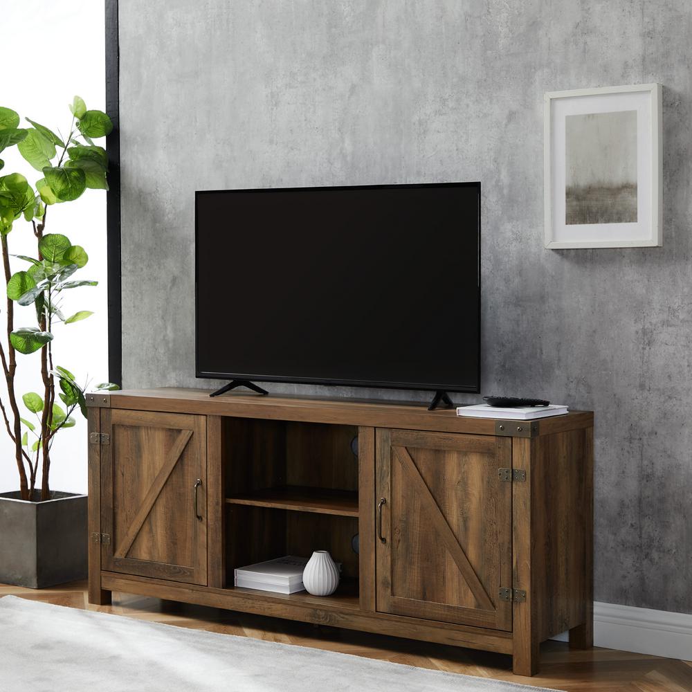 Photo 1 of Barn Door 58 in. Rustic Oak Wood TV Stand 60 in. with Doors