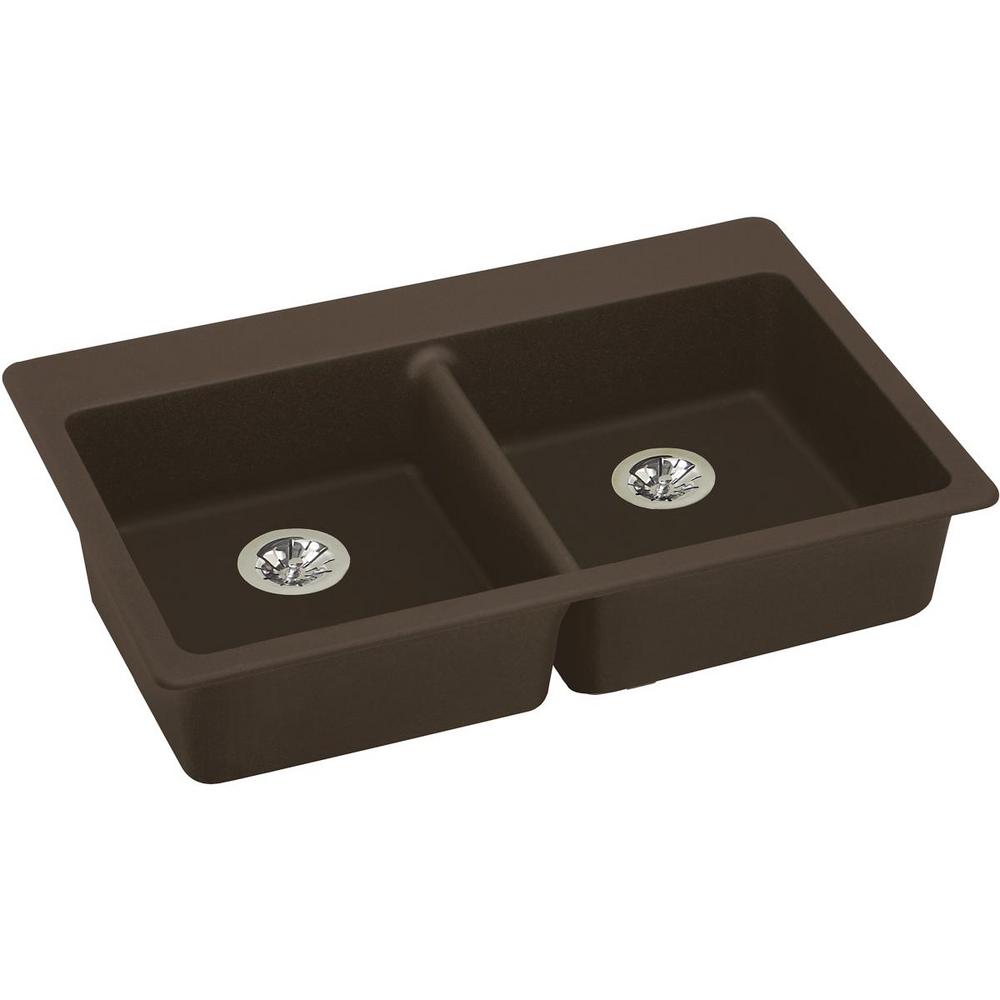 Elkay Quartz Classic Perfect Drain Drop In 33 In Double Bowl Ada Compliant Kitchen Sink In Mocha