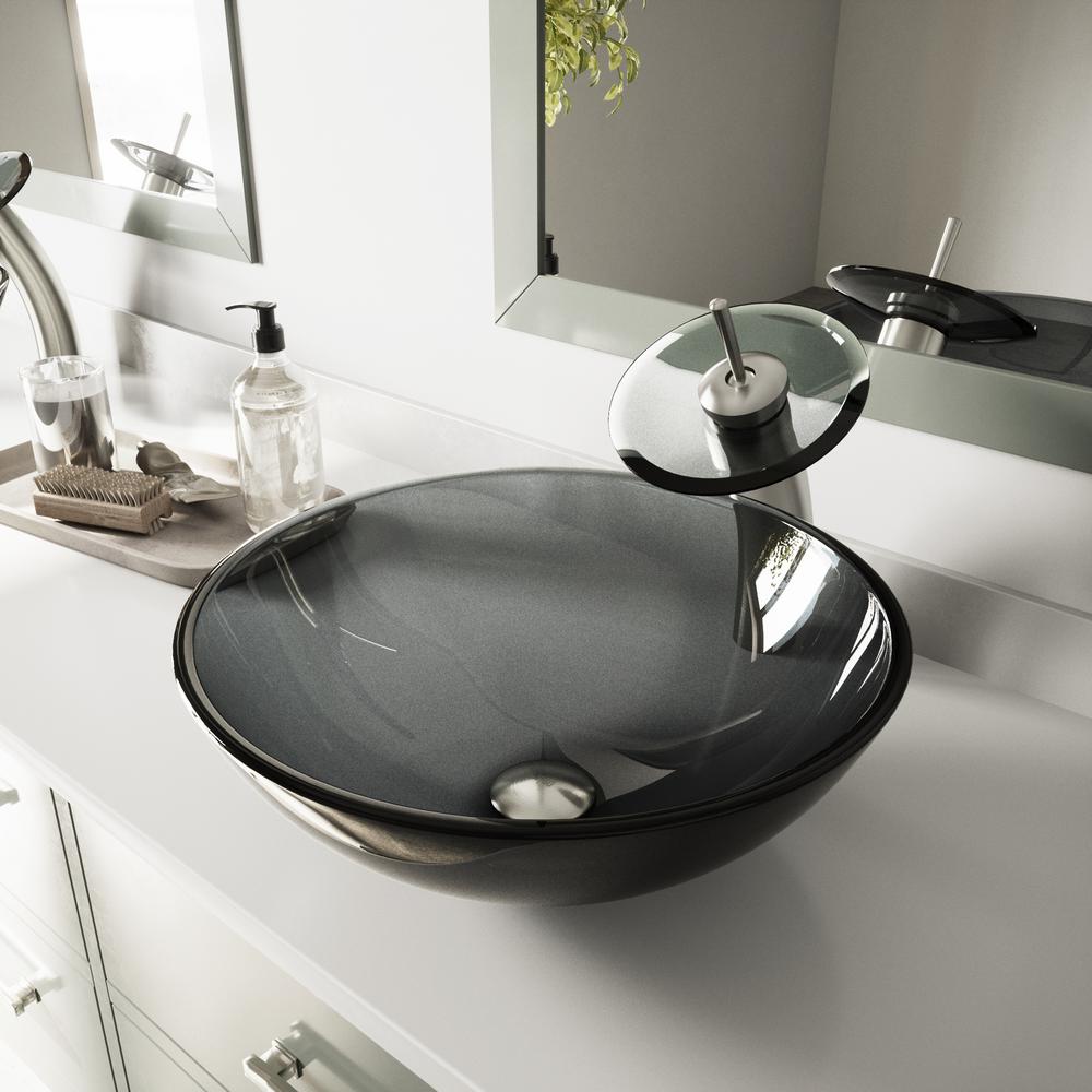 Vigo Glass Vessel Bathroom Sink In Sheer Black With Waterfall Faucet Set In Brushed Nickel