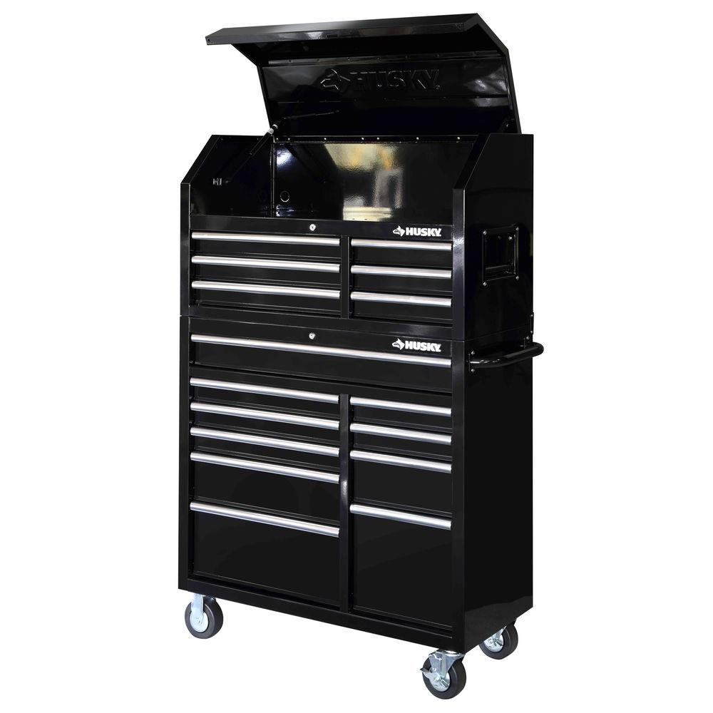 Husky 41 in. 16-Drawer Tool Chest and Rolling Tool Cabinet Set, Black ...