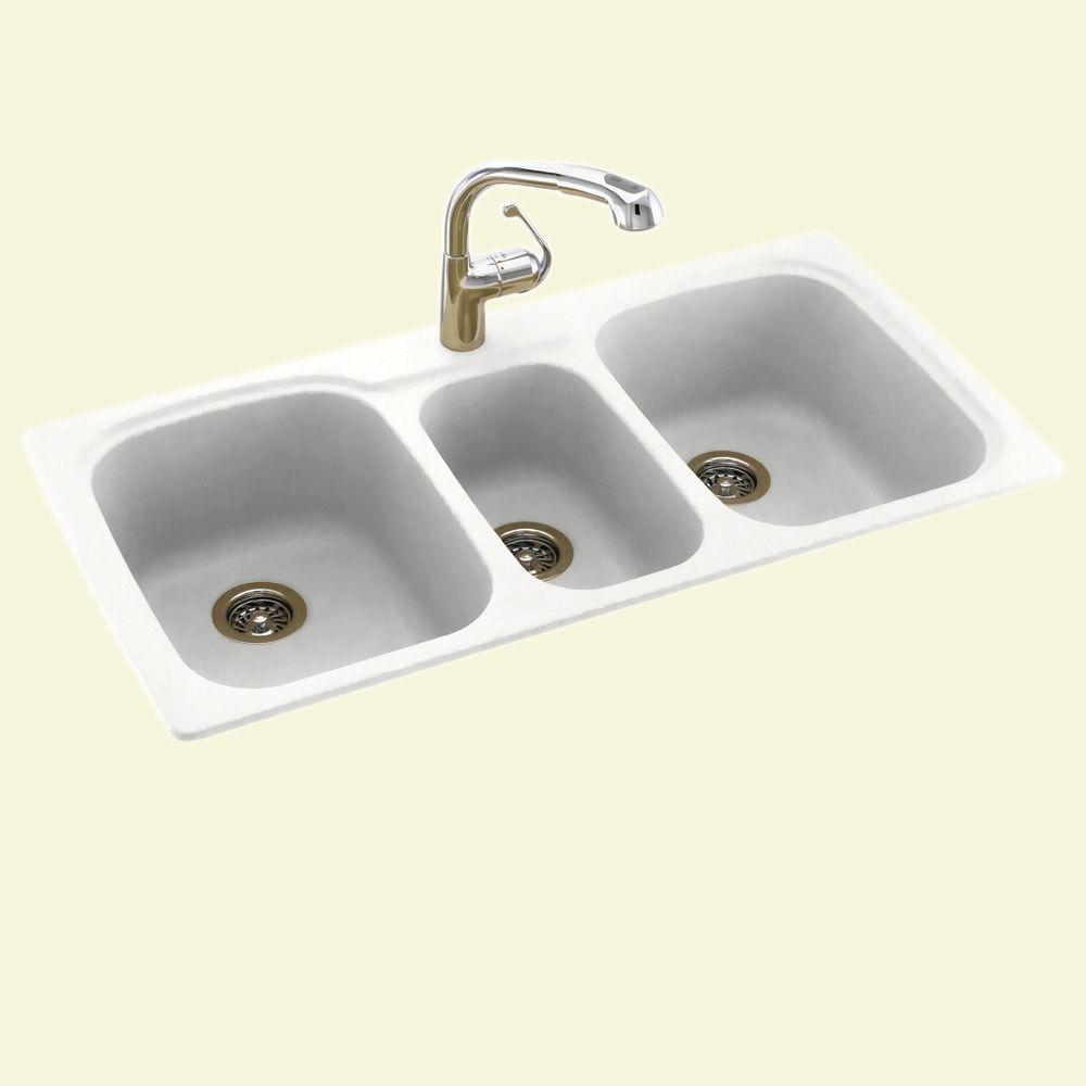 Swan Drop In Undermount Solid Surface 44 1 Hole 40 20 Triple Bowl Kitchen Sink Tahiti White