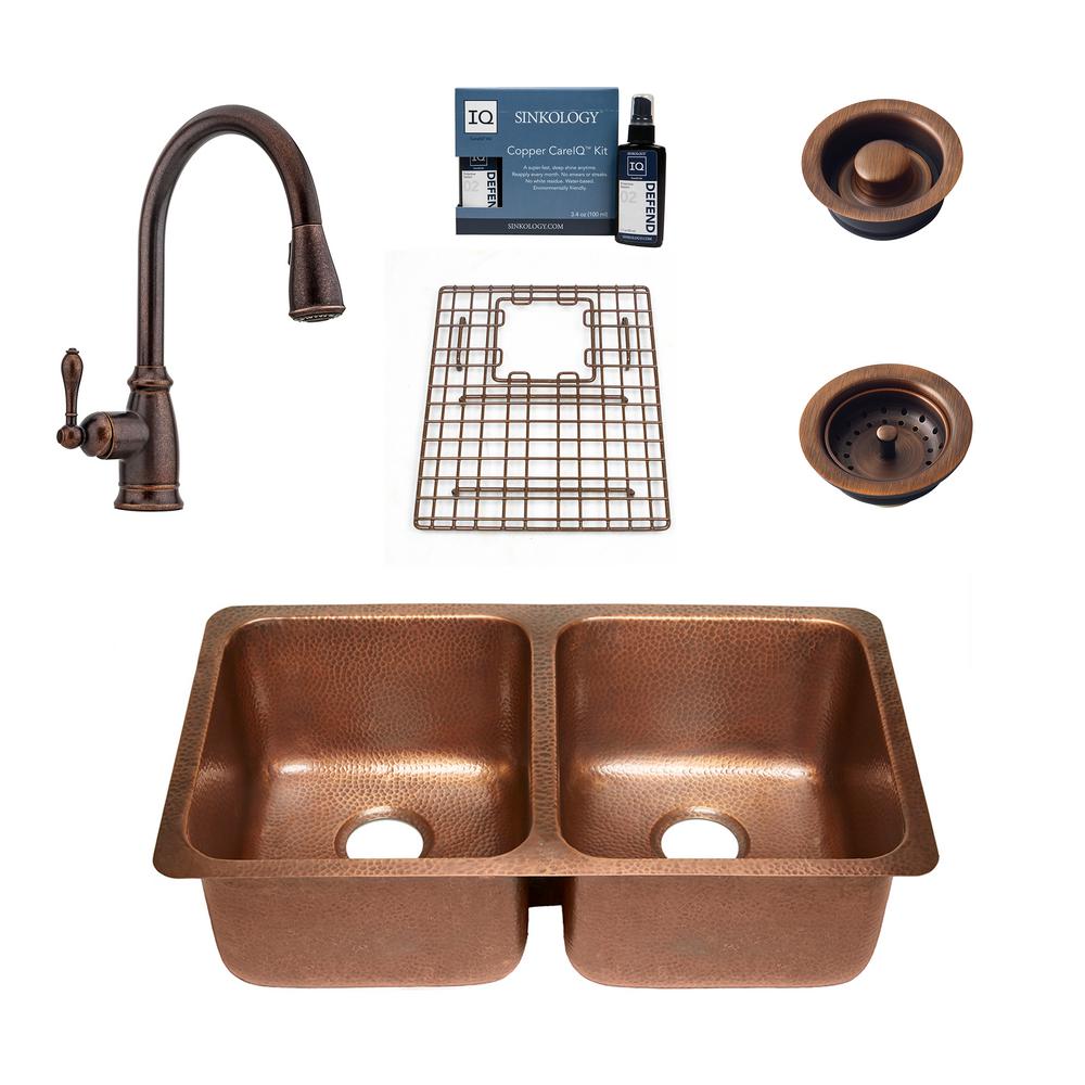 Sinkology Rivera All In One Undermount Copper 32 1 4 In 50 50 Double Bowl Kitchen Sink With Pfister Bronze Faucet And Drains Sk204 32 F529bd The Home Depot