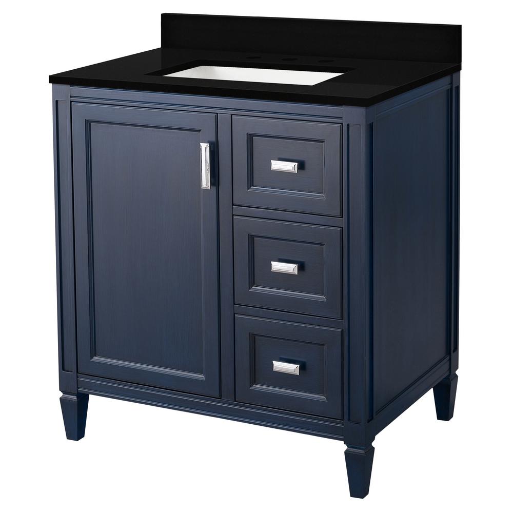 Home Decorators Collection Channing 31 in. W x 22 in. D Bath Vanity in Royal Blue with Granite Vanity Top in Midnight Black with Trough White Basin was $799.0 now $479.4 (40.0% off)
