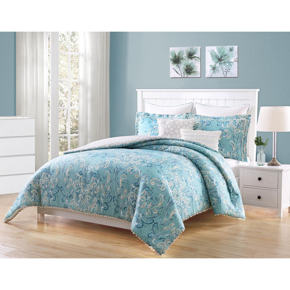 Finley Pom Pom 7 Piece Aqua White Taupe King Comforter Set