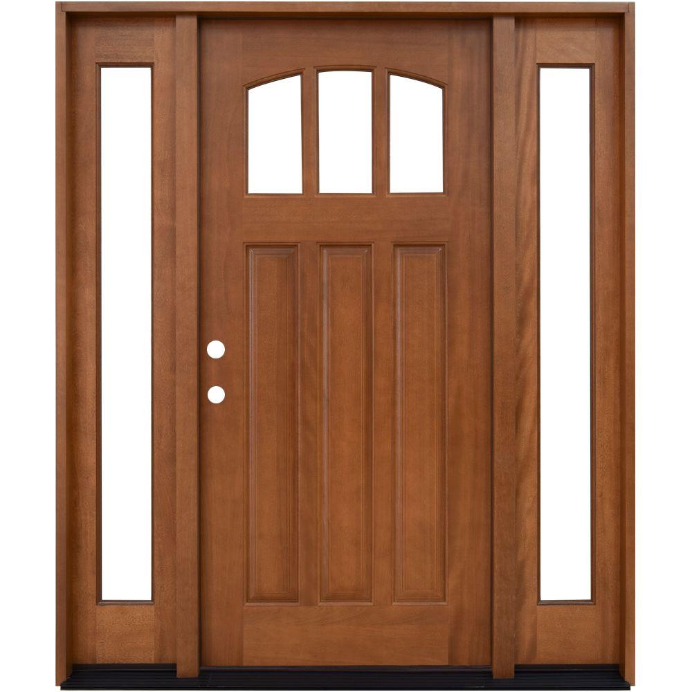 Steves Sons 60 In X 80 In Craftsman 3 Lite Arch Stained Mahogany Wood Prehung Front Door With Sidelites