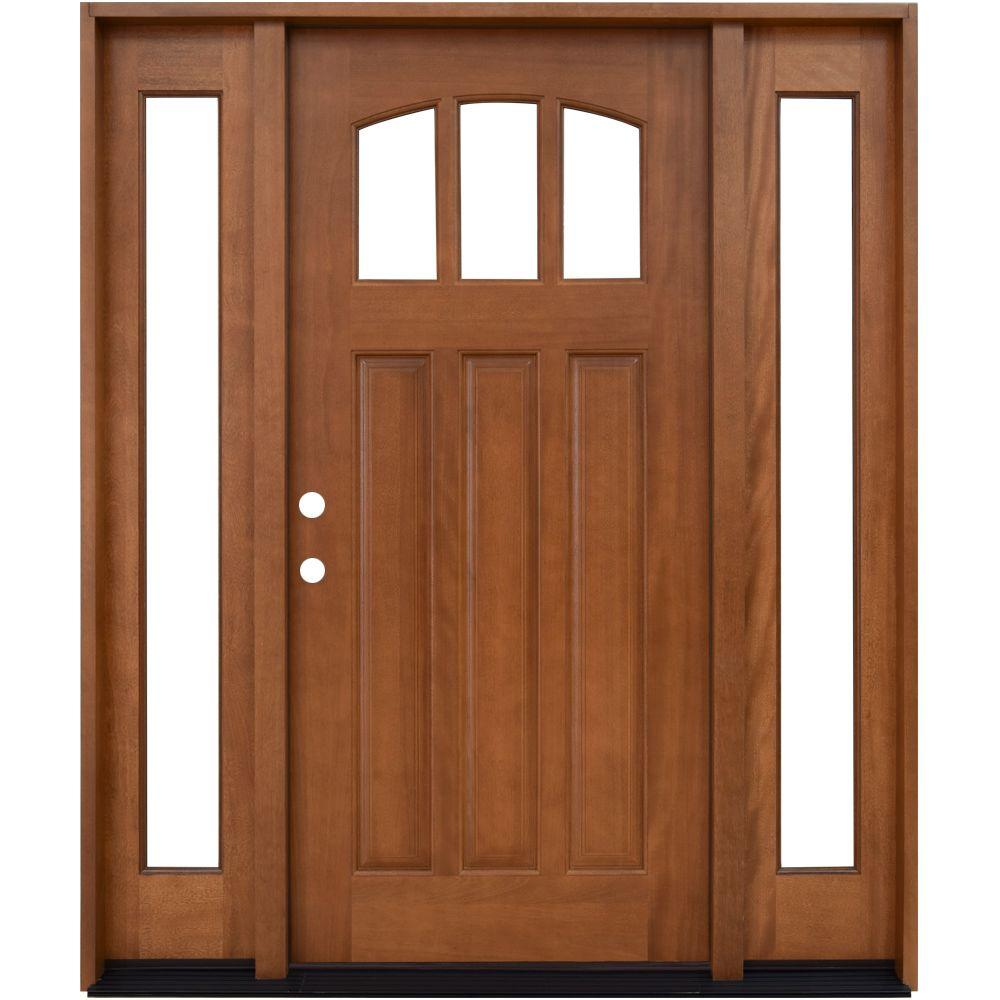 Steves Sons 68 In X 80 In Craftsman 3 Lite Arch Stained Mahogany Wood Prehung Front Door With Sidelites M4151 14 Aw 6rh The Home Depot