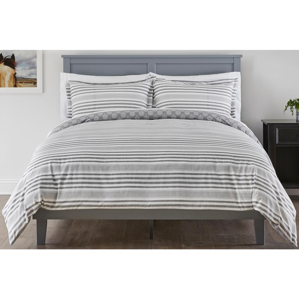 Stylewell Malcolm 3 Piece Stone Gray Stripe King Duvet Cover Set