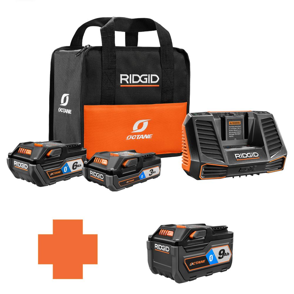 Ridgid 18v Starter Kit (3Ah+6Ah BT Batteries, Charger, Bag) + 9Ah Battery