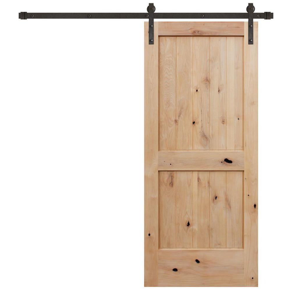 42 In X 84 In Rustic Unfinished 2 Panel Knotty Alder Interior Wood Sliding Barn Door With Bronze Hardware Kit