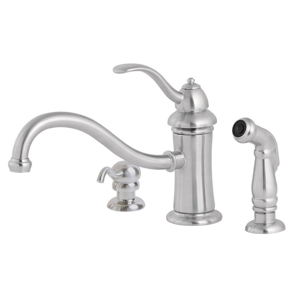 Pfister Marielle Single Handle Mid Arc Standard Kitchen Faucet With Side Sprayer And Soap Dispenser In Stainless Steel Gt34ptss The Home Depot