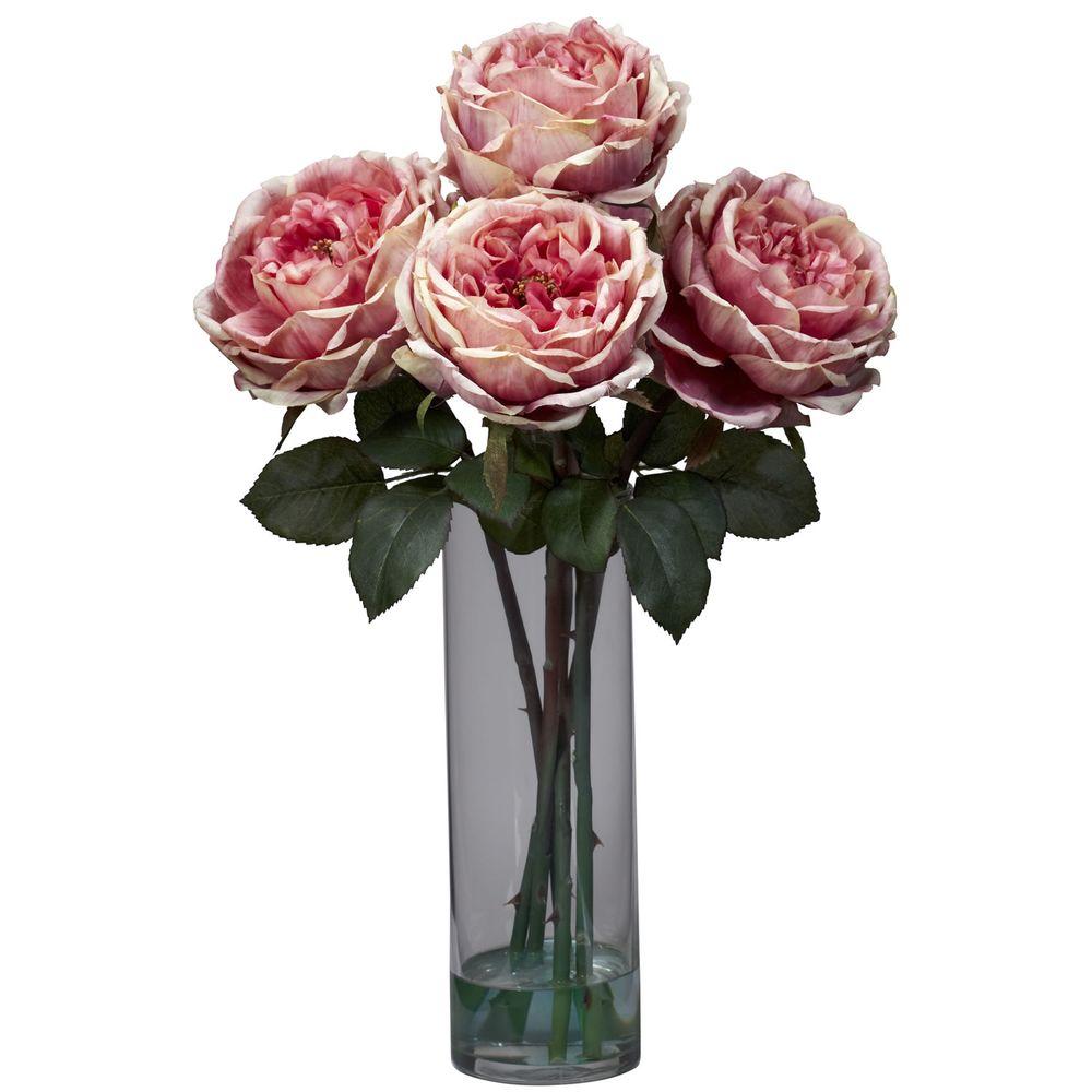 Nearly Natural 18 In H Pink Fancy Rose With Cylinder Vase Silk Flower Arrangement 1247 Pk The Home Depot