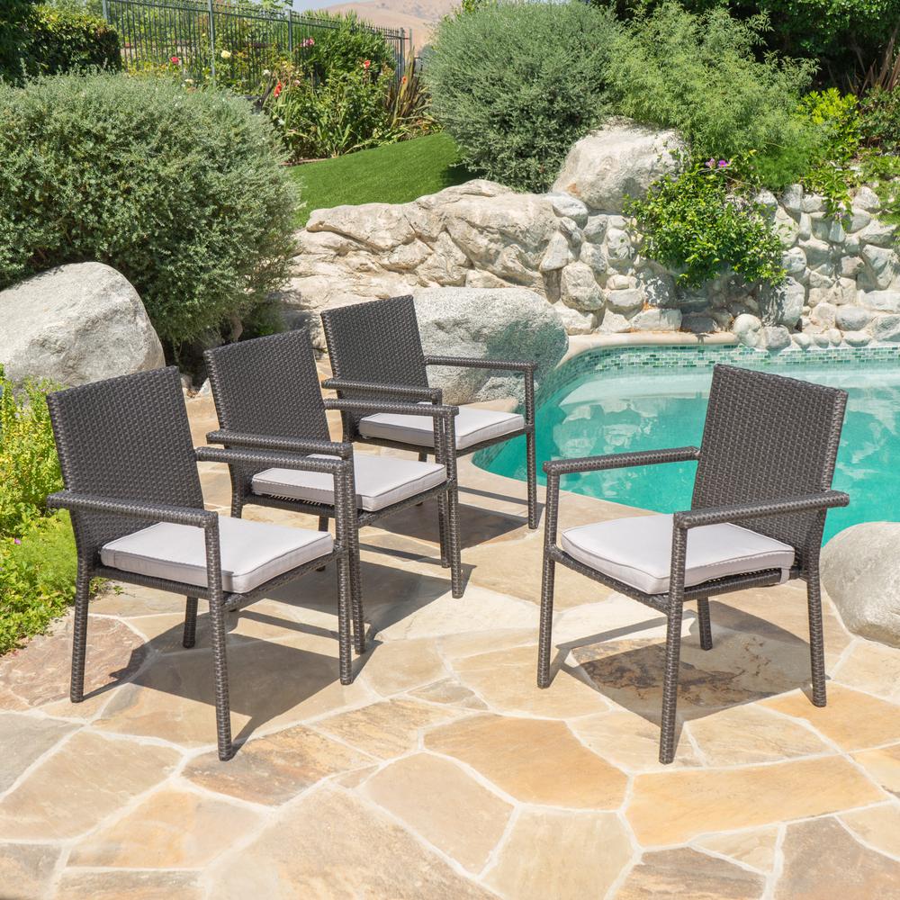 Noble House Jefferson Black Wicker Outdoor Dining Chairs with Dark Grey