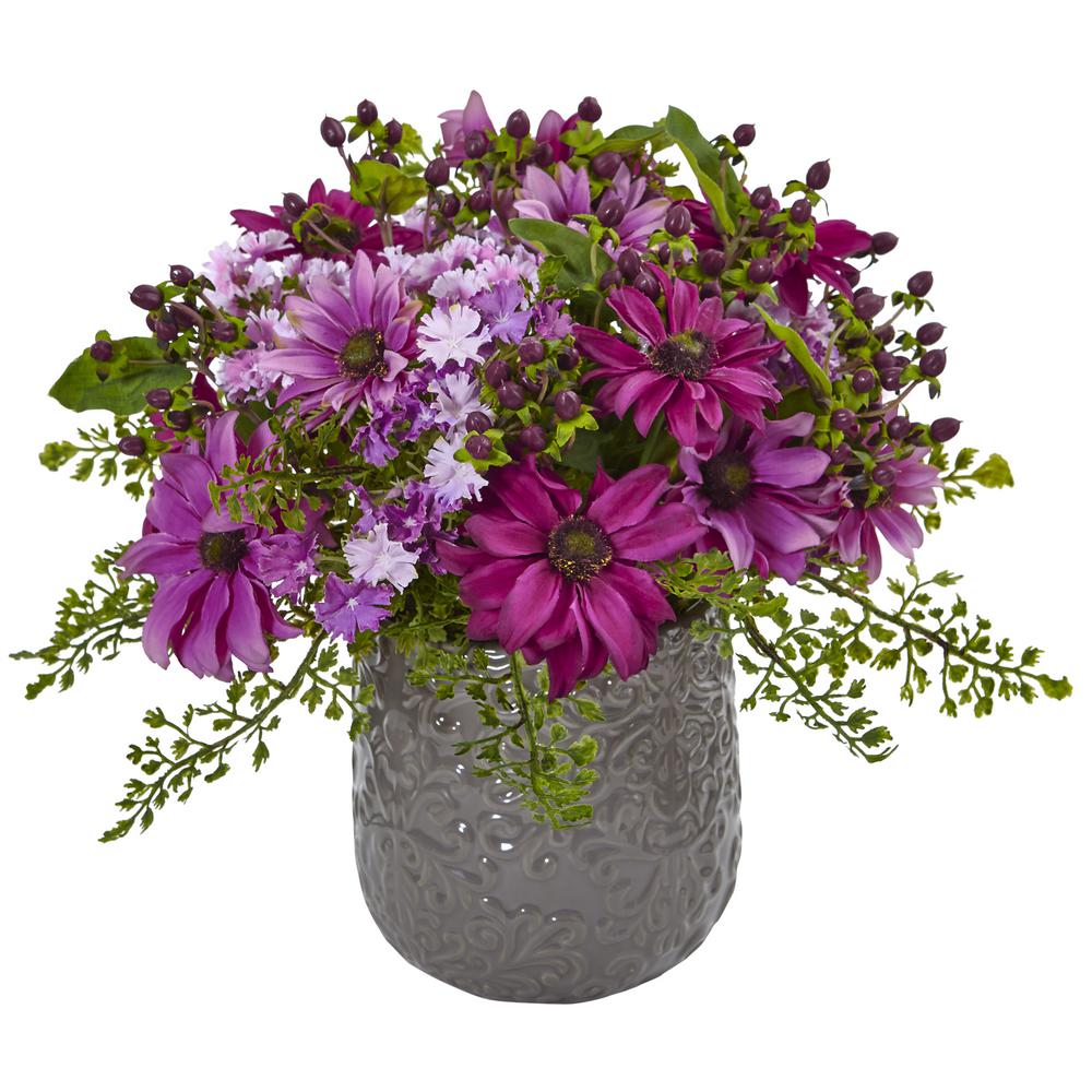 Nearly Natural Daisy Bush Silk Arrangement In Gray Decorative Vase-1495 
