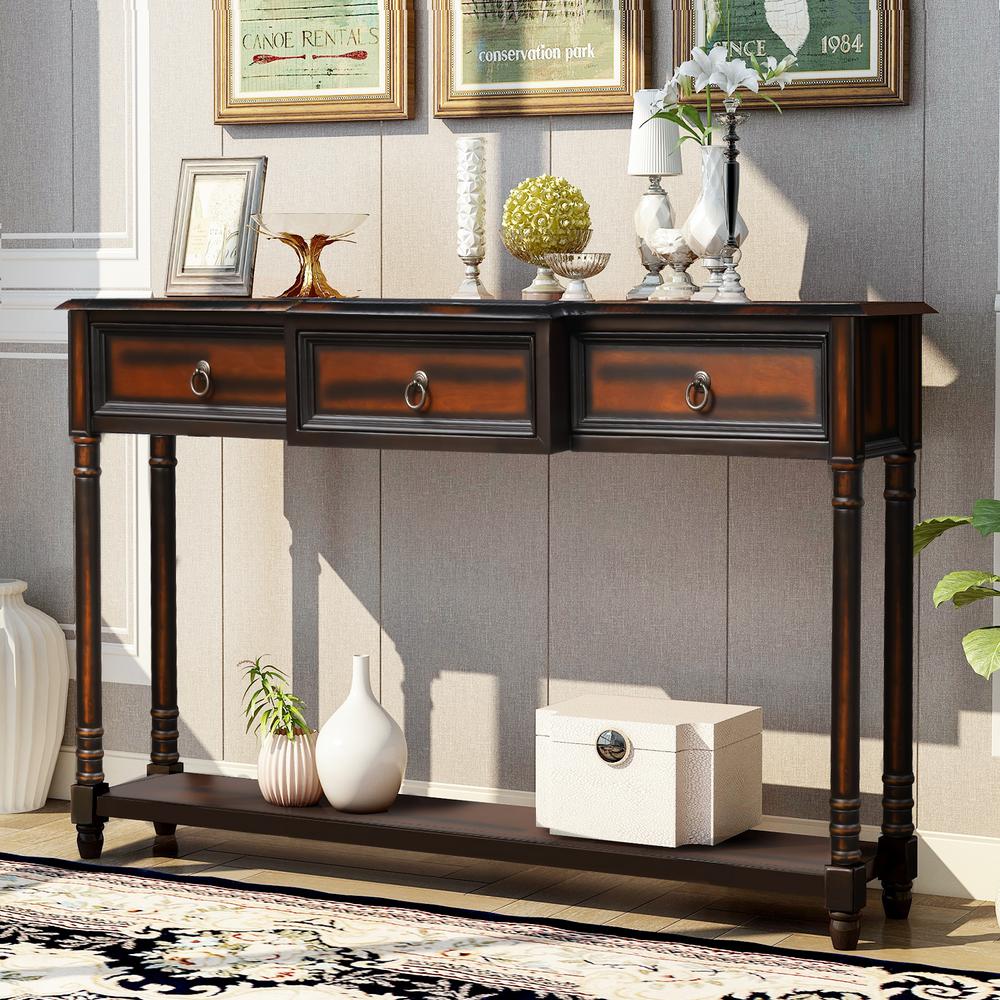 Harper Bright Designs 52 In Espresso Standard Rectangle Wood Console Table With 3 Drawers Wf189574aab 1 The Home Depot