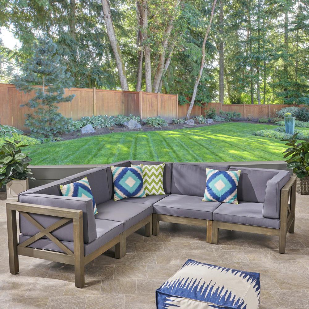 Hadlee Gray 5 Piece Wood Outdoor Sectional With Dark Cushions