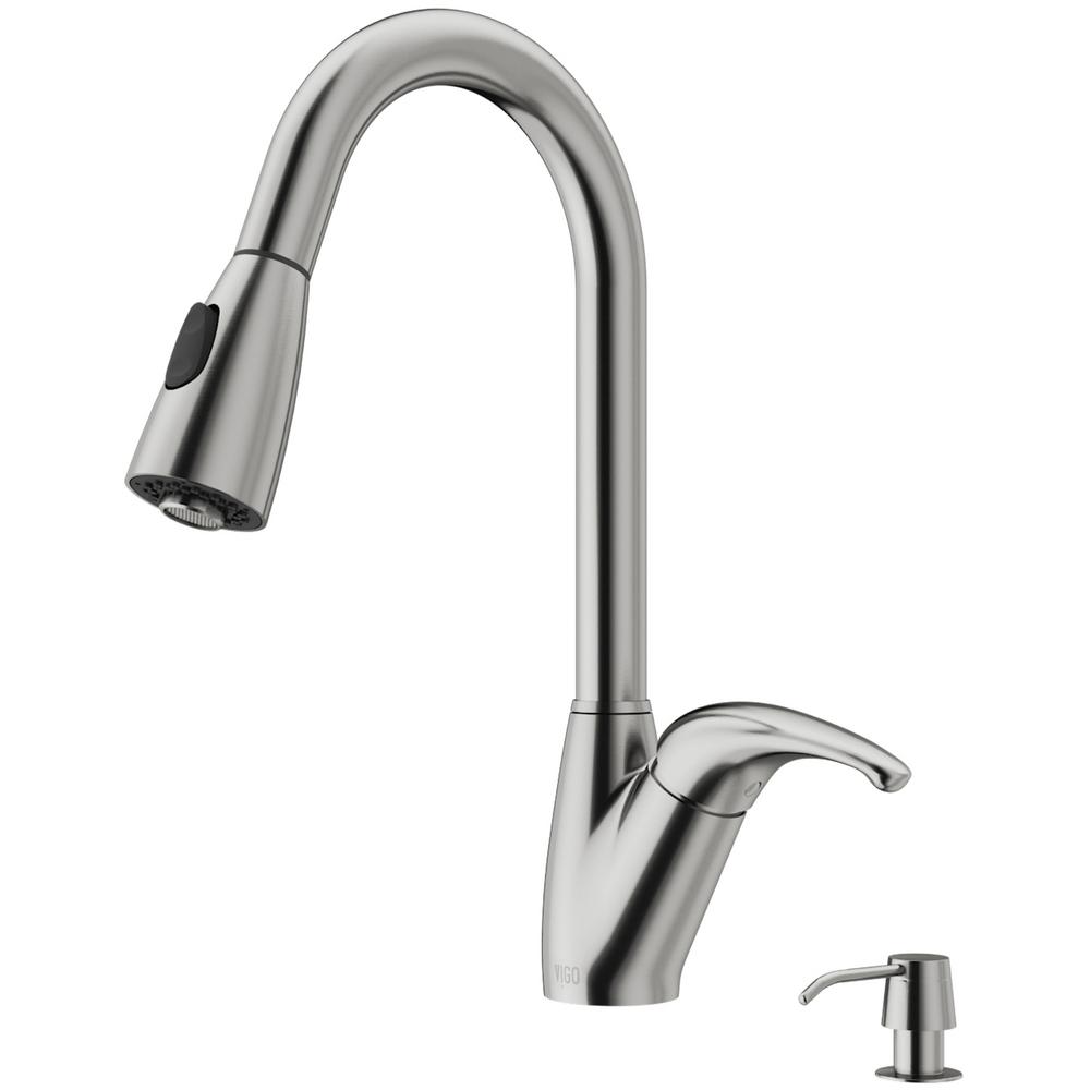 Vigo Romano Single Handle Pull Down Sprayer Kitchen Faucet With Soap Dispenser In Stainless Steel