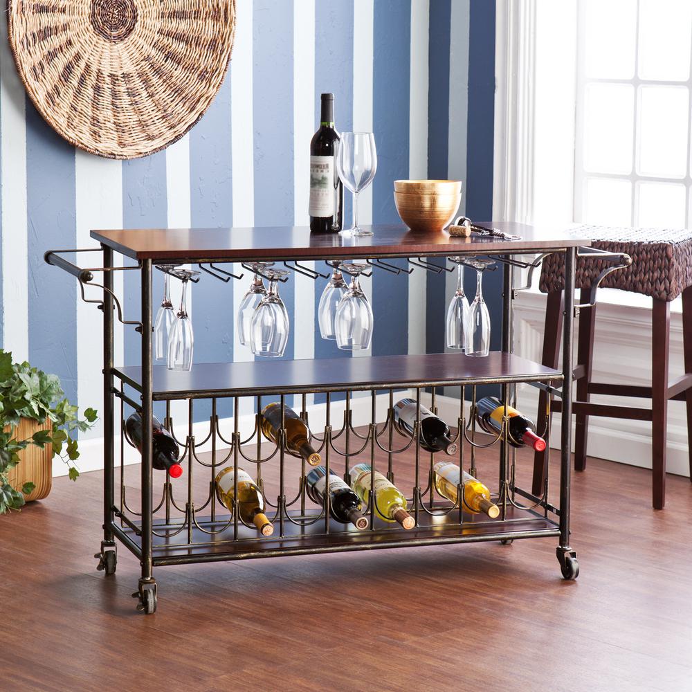 HomeSullivan Grove Place Distressed Cocoa Bar Cart with Wine Glass