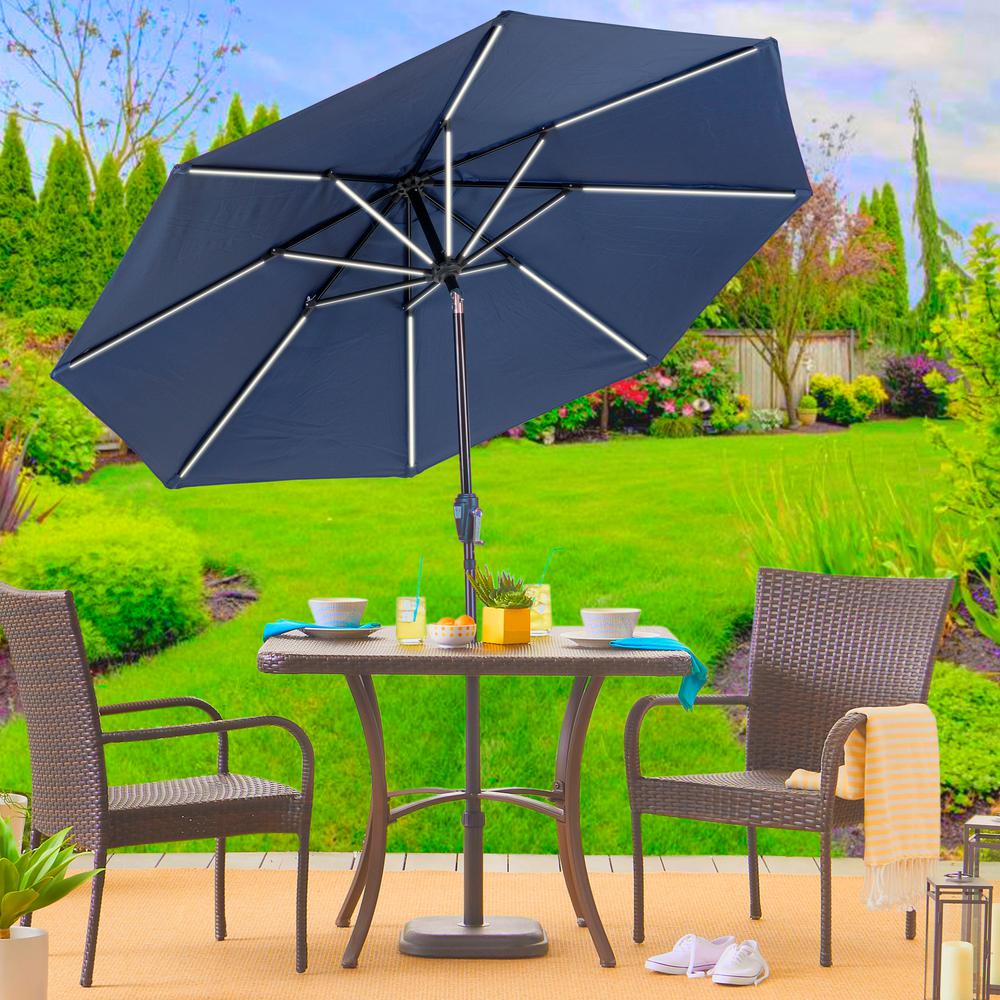 Sun Ray 9 Ft Round Market Next Gen Solar Lighted Umbrella In Navy 841052 The Home Depot