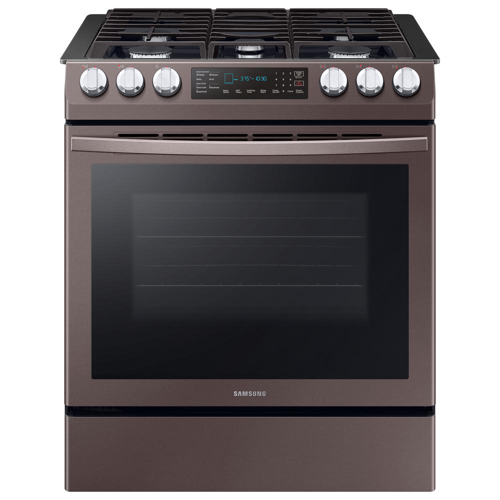 Samsung 30 in. 5.8 cu. ft. Single Oven Slide-In Gas Range with Self-Cleaning and Fan Convection Oven in Tuscan Stainless Steel
