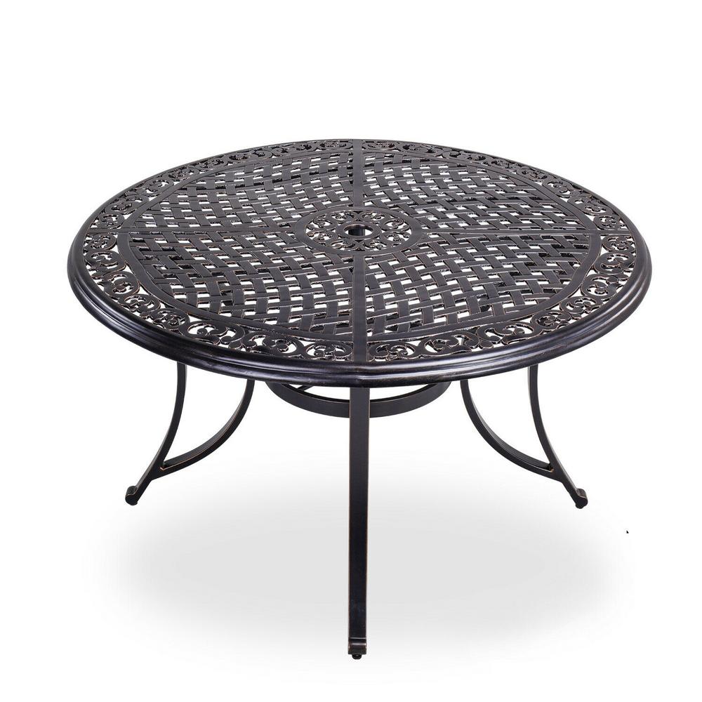 Boyel Living Brown 48 In Dia X 28 In H Round Aluminum Lattice Weave Design Top Patio Dining Table With Umbrella Hole Bjc Wf Jw00284501 The Home Depot
