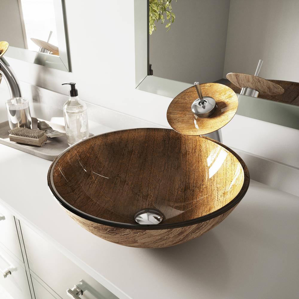 VIGO Amber Sunset Vessel Sink in Multicolor with Waterfall Faucet in ...