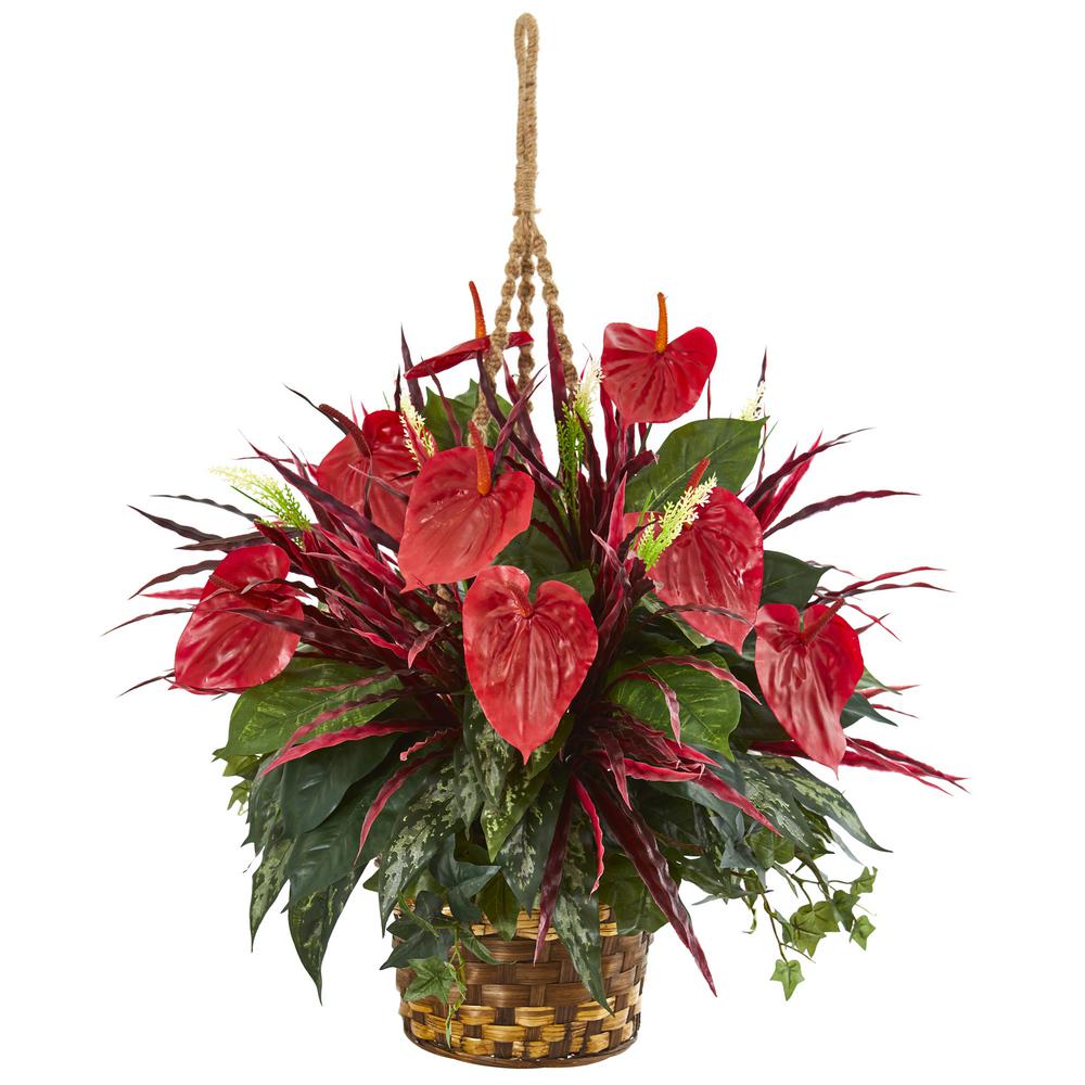 Nearly Natural Mixed Anthurium Hanging Basket Artificial Plant by Nearly Natural