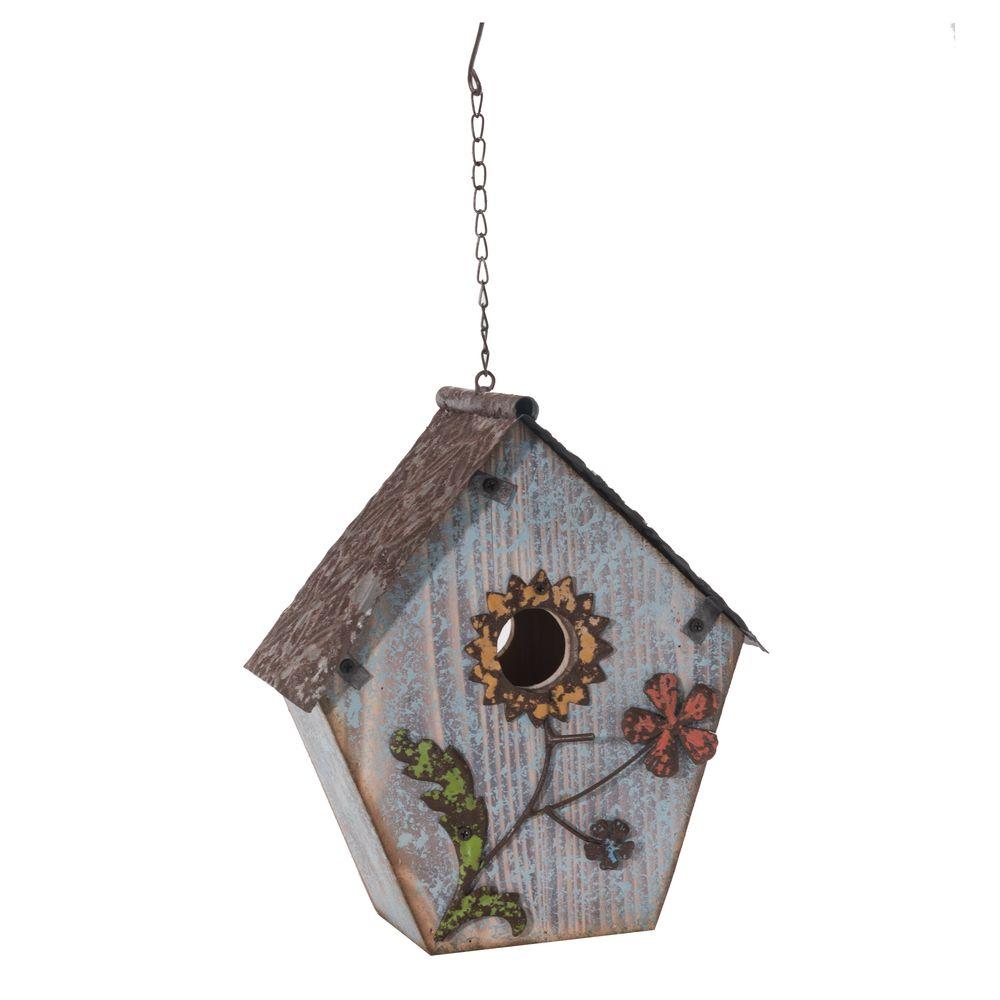Sunjoy Wood Birdhouse Hand Painted With Flowers In Dusty Blue Sunjoy Wood Birdhouse Hand Painted With Flowers In Dusty Blue