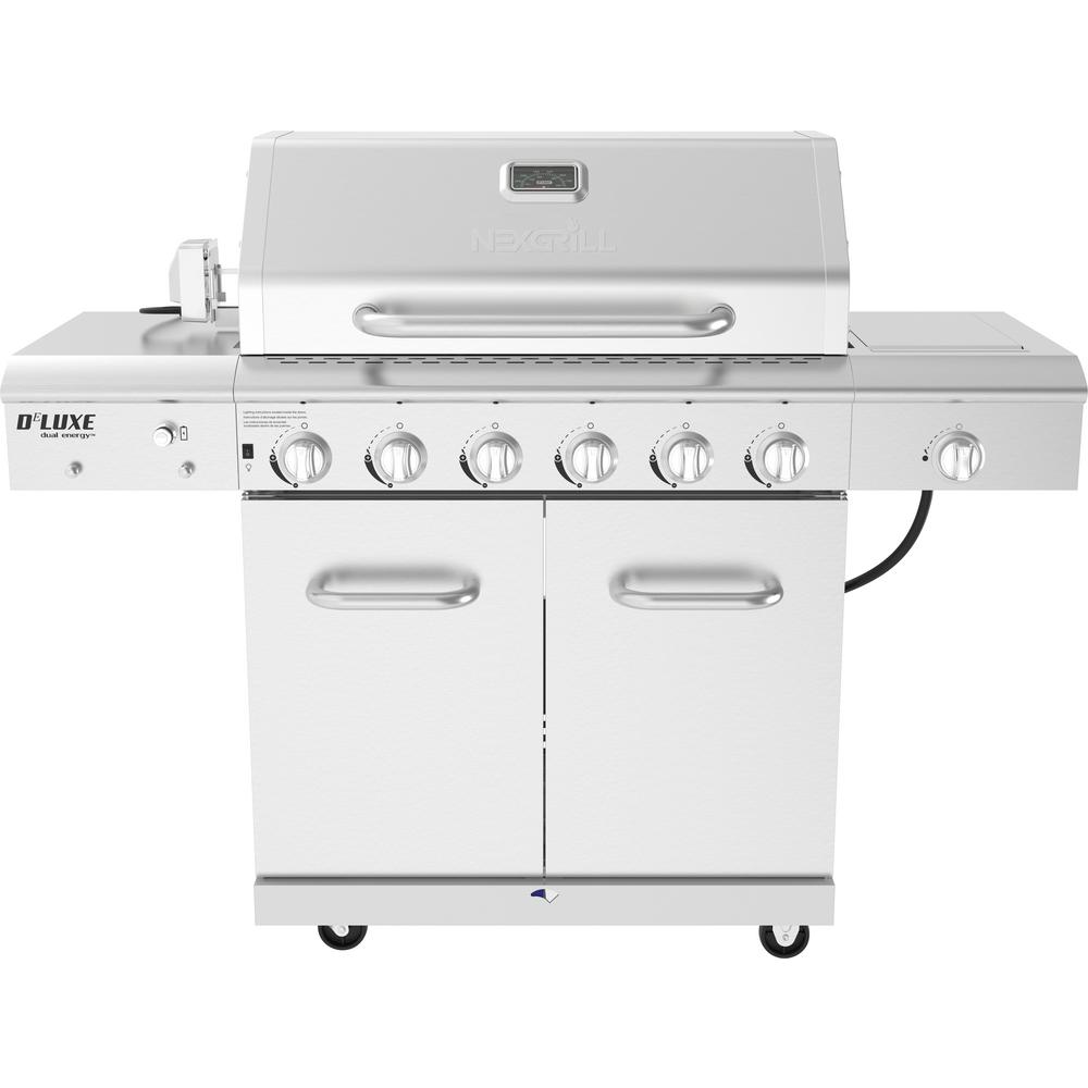 Nexgrill 6-Burner Propane Gas Grill in Stainless Steel with Ceramic Searing Side Burner and Rotisserie Kit, Silver