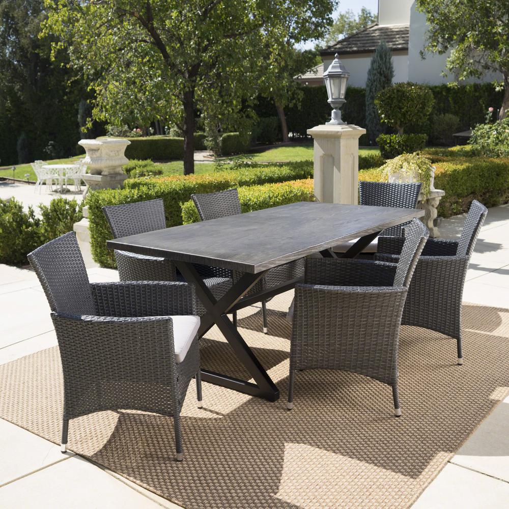 Noble House Dion Grey 7-Piece Metal Outdoor Dining Set with Silver ...