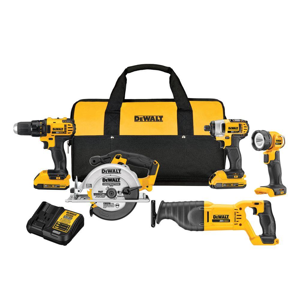DEWALT 20-Volt MAX Lithium-Ion Cordless Combo Kit (5-Tool) with (2) Batteries 2Ah, Charger and Contractor Bag
