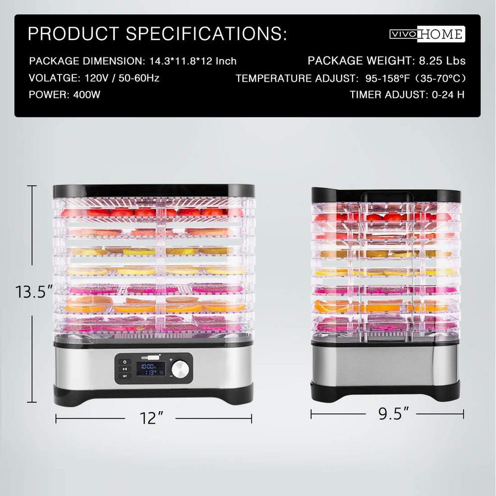 Vivohome Electric 8 Tray Stainless Steel Food Dehydrator With Digital Timer And Temperature Control X002bhsxr3 The Home Depot