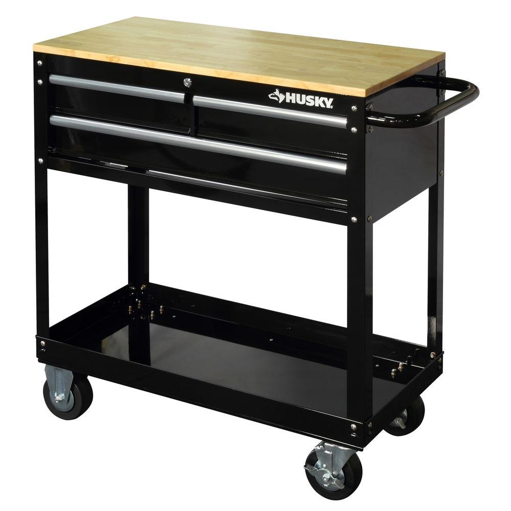 Husky 36 in. 3-Drawer Rolling Tool Cart with Wood Top ...