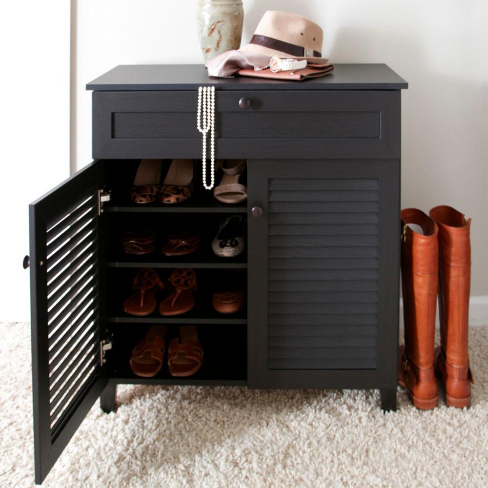 Shoe Storage Cabinet Wood Jalousie Style Doors Pu Veneer Espresso