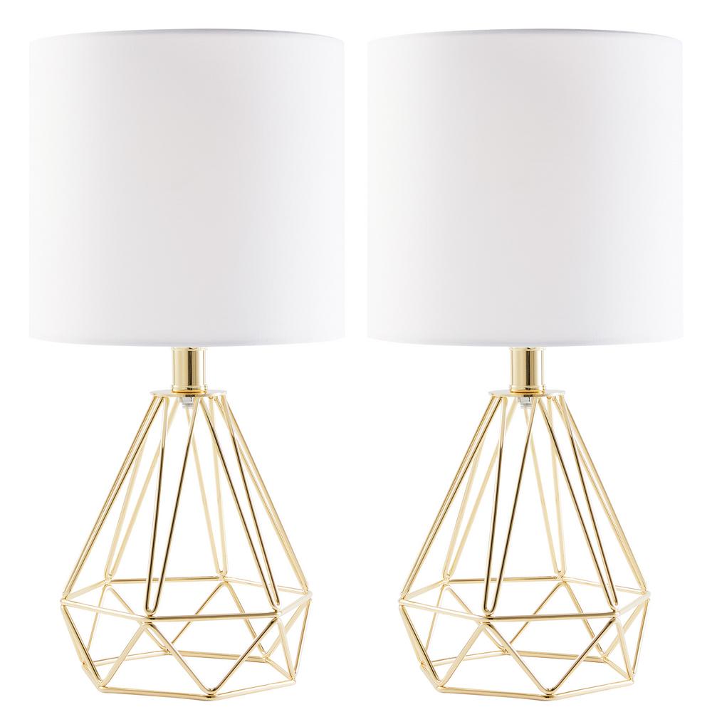 15 in. Gold Table Lamps with Drum Shades and Open Cage Metal Bases (Set
