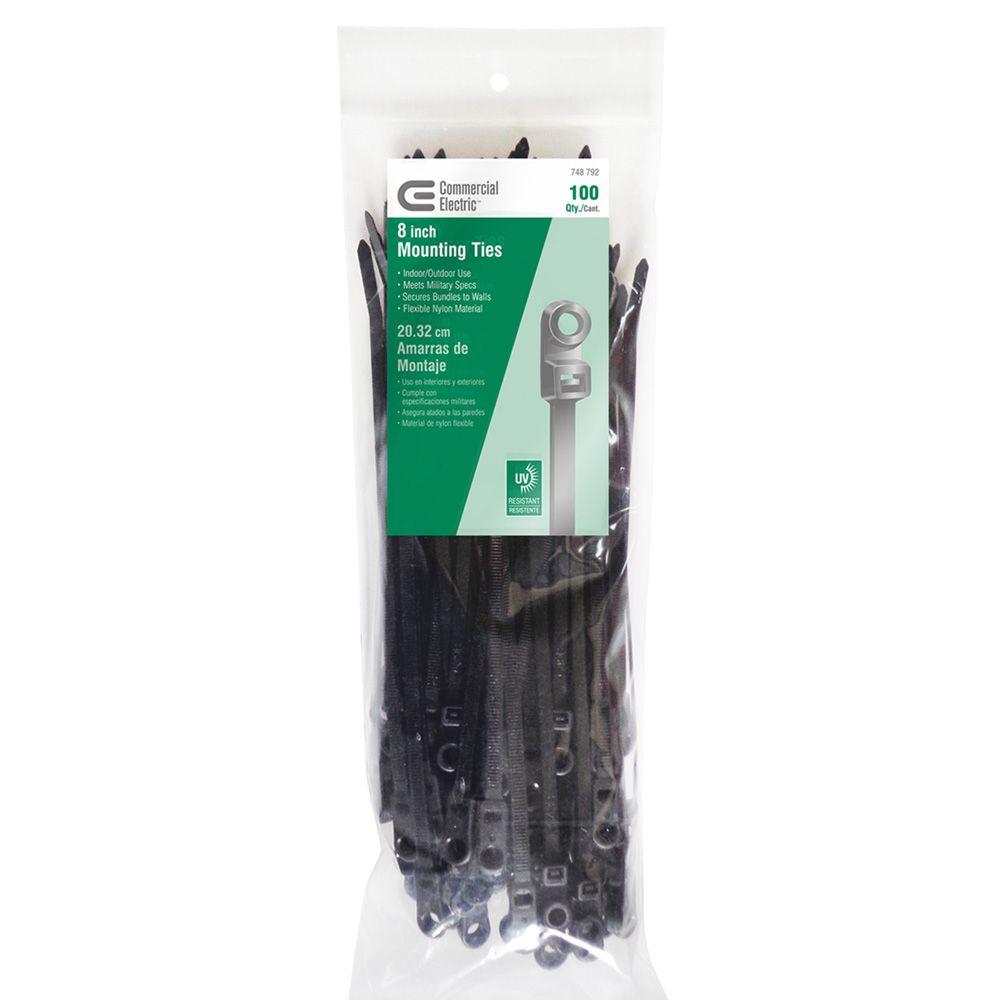 Commercial Electric 8in Mountable 75lb Tensile Strength UL 21 Rated Cable Zip Ties 100 Pack UV (Black)