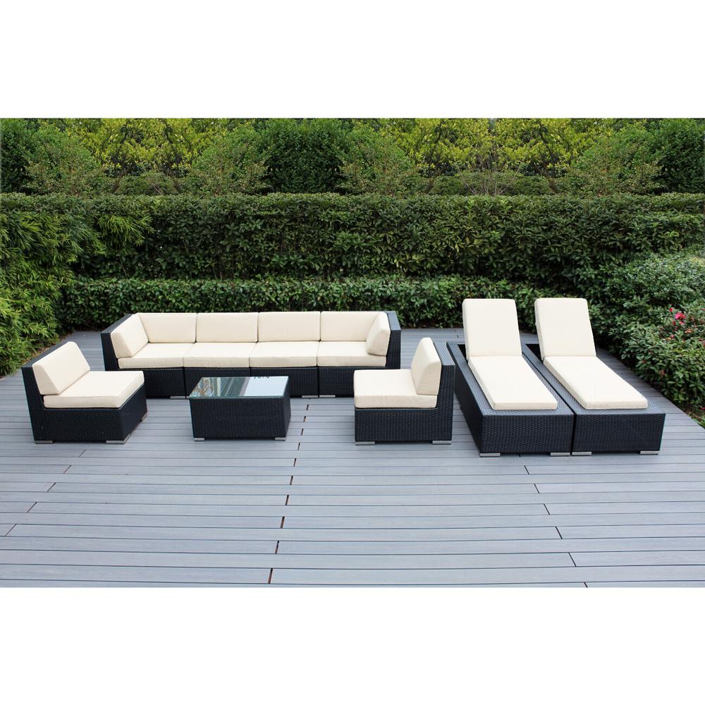 Ohana Depot Black 9 Piece Wicker Patio Combo Conversation Set With Supercrylic Beige Cushions Pnc902 Be The Home Depot