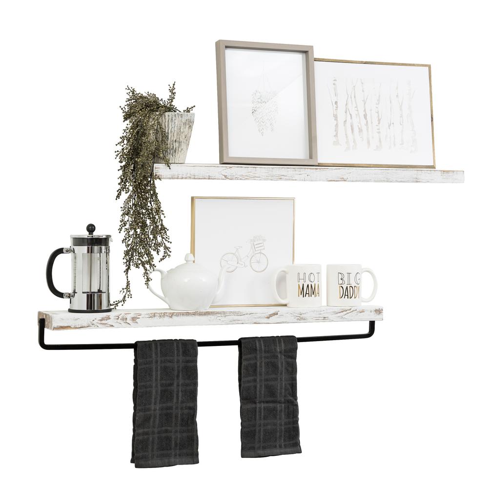Del Hutson Designs True Floating 5 In X 36 White Pine Wood Decorative Wall Shelf And Towel Bar Set With Brackets Dhd2122wh The Home Depot Decorative Wall Shelf And Towel Bar