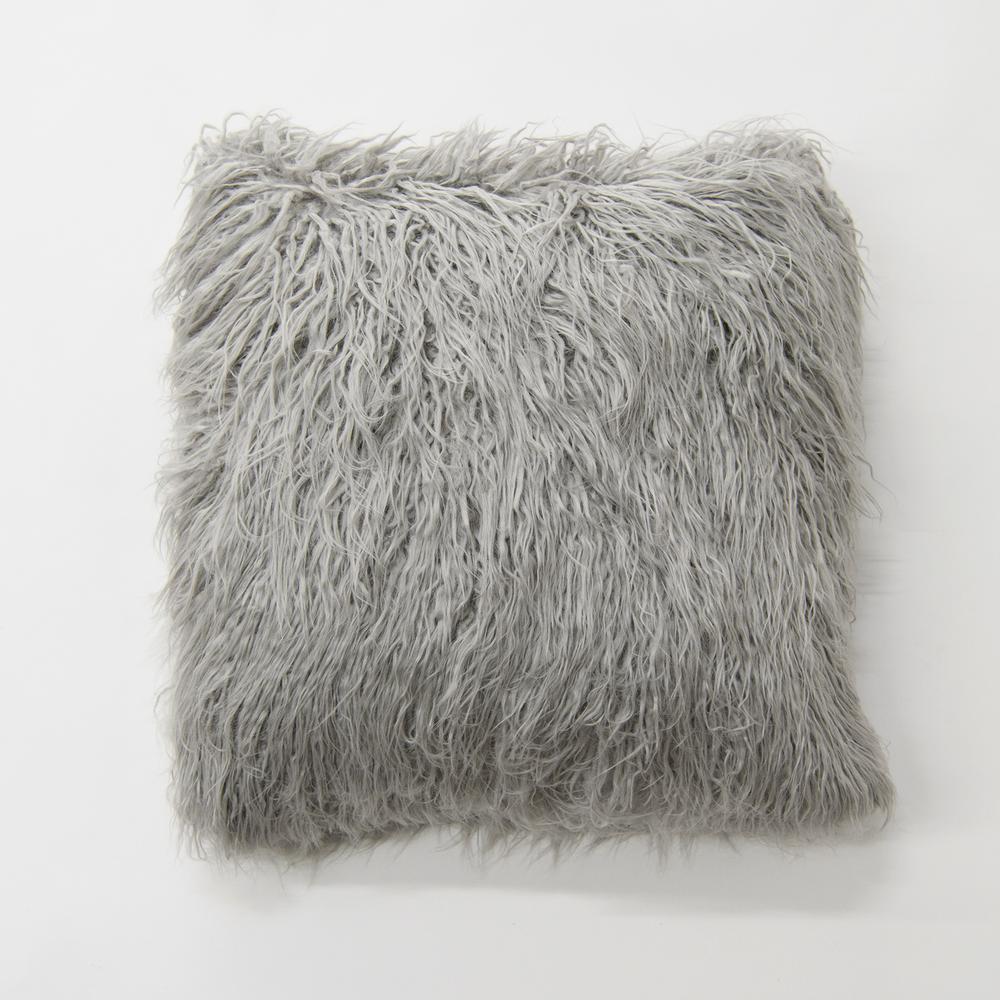 Best Home Fashion Grey Faux Mongolian Lamb Fur Pillow