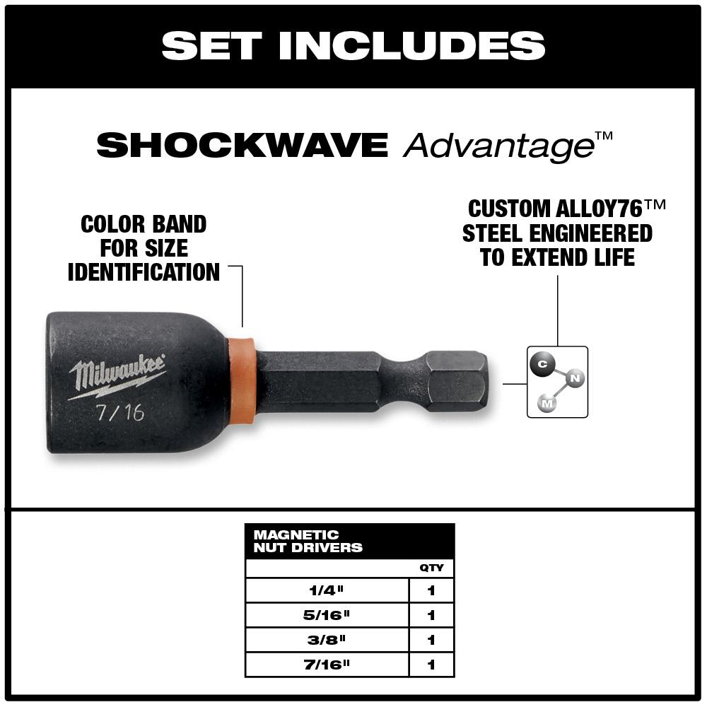 Steel Shockwave Impact Duty Magnetic Nut Driver Set 4-Piece Milwaukee 1-7//8 in