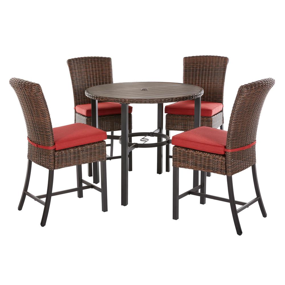 Hampton Bay Fenton 3 Piece Wicker Outdoor Patio High Bar Bistro Set With Peacock Java Cushion D9131 Bistro The Home Depot