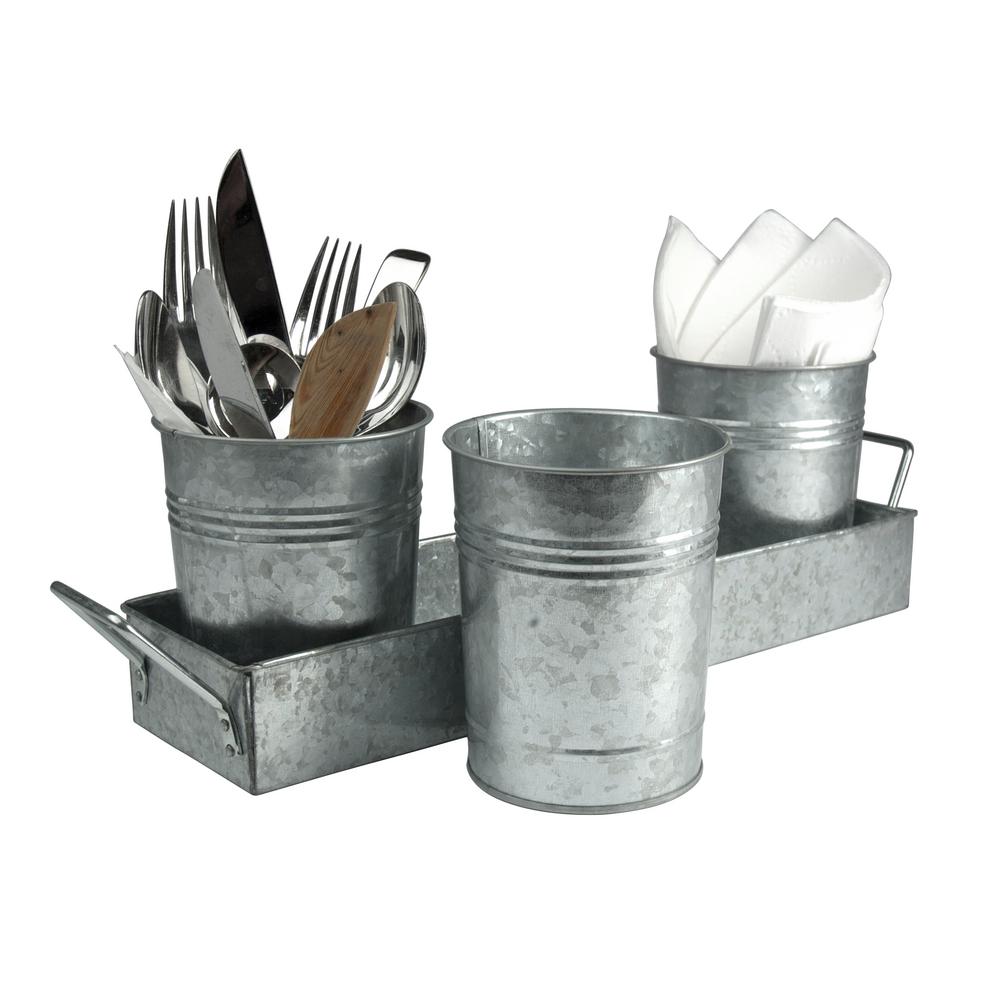 Artland 4 in. D x 5 in. H x 17.5 in. L Flatware Caddy with 3 Galvanized 4-Cups, Silver
